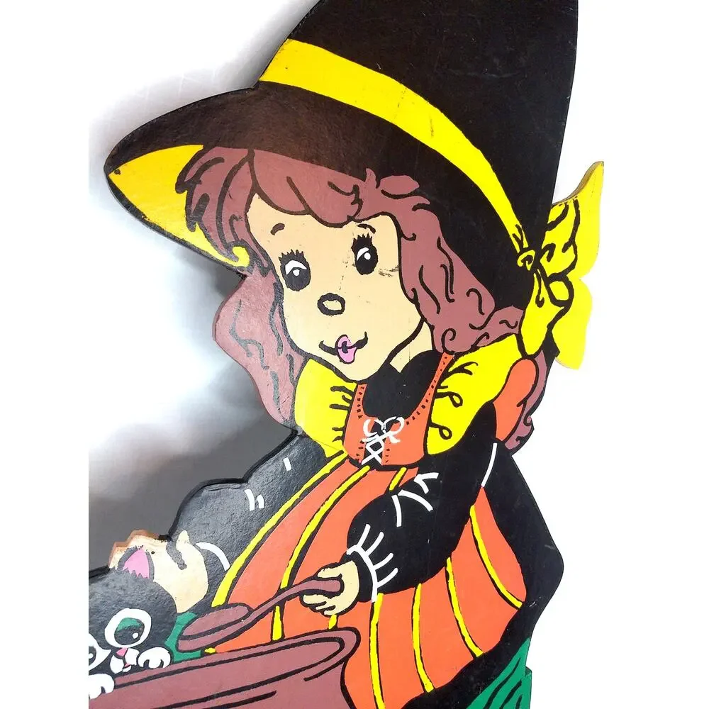 Vintage Witch Halloween Wooden Yard Stake Cauldron Black Cat Pumpkin